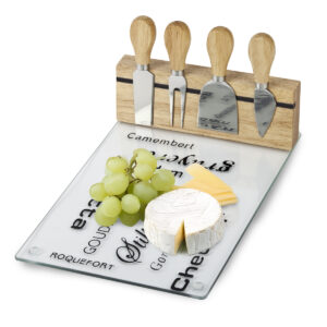 FROMAGE – מגש זכוכית וסט כלי גבינה מעץ (תמונה 1)